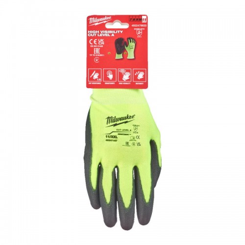Рукавички Hi-Vis сигнальні MILWAUKEE, із опором порізам 1/A рівня, розмір 11/XXL