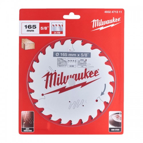 Диск пильний по дереву PFTE THIN KERF MILWAUKEE, Ø165х5/8''х1, 6мм, 24 зуб.