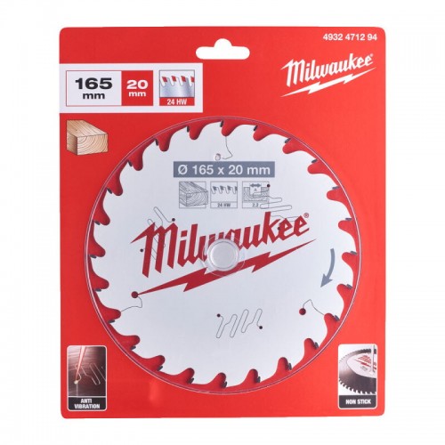 Диск пильний по дереву PFTE MILWAUKEE, Ø165х20х2, 2мм, 24 зуб.