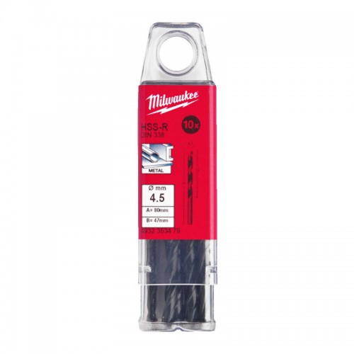 Свердло по металу HSS-R MILWAUKEE, DIN338, Ø4,5х80х47мм, (10шт)