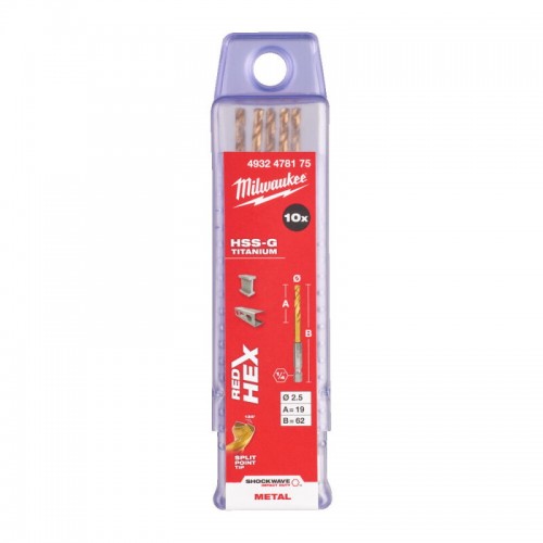 Свердло по металу RedHEX SHOCKWAVE™ HSS-TiN MILWAUKEE, Ø2,5х62х19мм, (10шт)