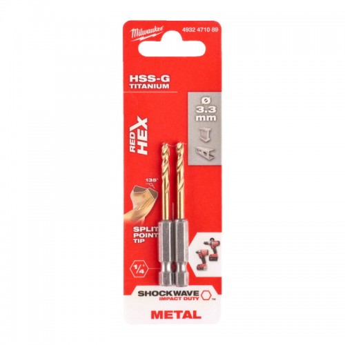Свердло по металу RedHEX SHOCKWAVE™ HSS-TiN MILWAUKEE, Ø3,3х67х24мм, (2шт)