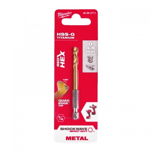 Свердло по металу RedHEX SHOCKWAVE™ HSS-TiN MILWAUKEE, Ø4,8х78х29мм