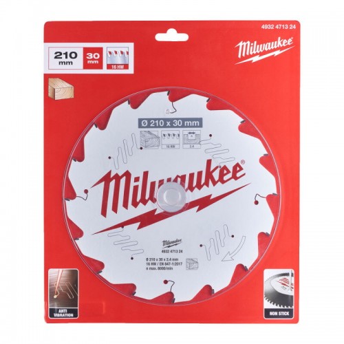 Диск пильний по дереву PFTE THIN KERF MILWAUKEE, Ø210x30x2, 4мм, 16зуб.