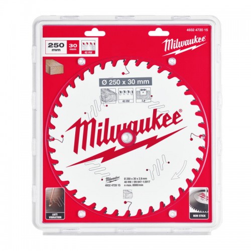 Диск пильний по дереву для торцевих пилок PFTE MILWAUKEE, Ø250х30х2,8мм, 40 зуб.